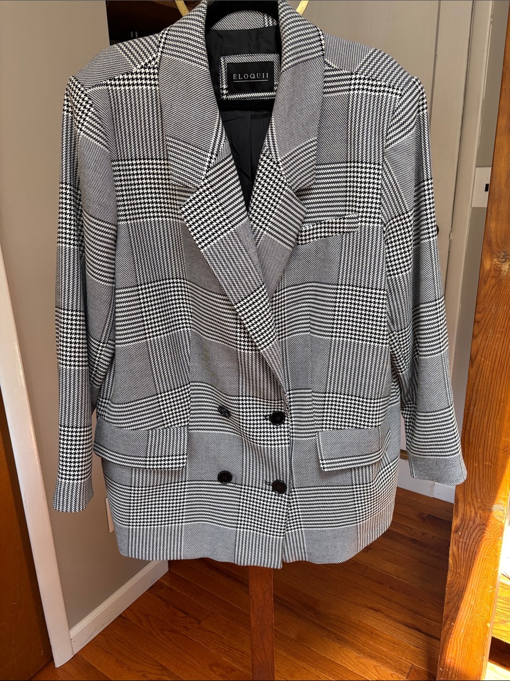 Eloquii White & Black Glen Plaid Houndstooth plaid Double-Breasted Blazer